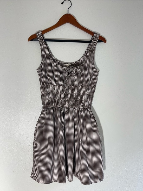 Sim & Sam Dresses & Skirts - Smocked Gingham checkered babydoll Mini Dress in Brown and White
